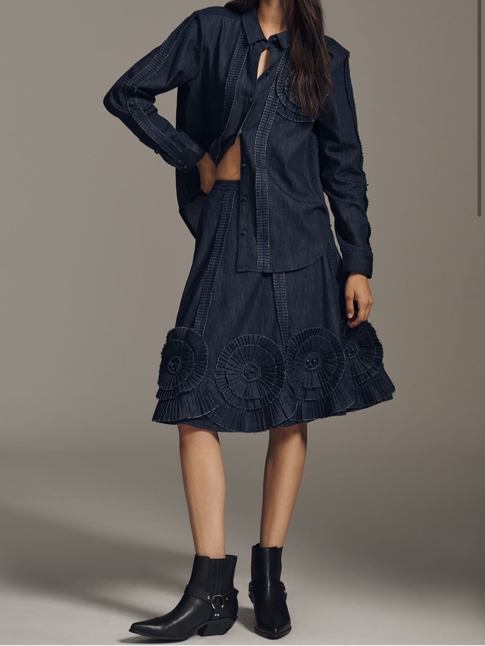 Anthropologie Pilcro Pleated Appliqué Denim Midi Skirt